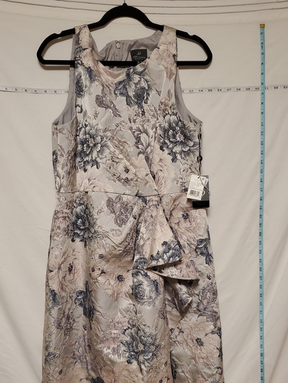 Adrianna Papell Silver Maxi Dress with Navy Floral Jacquard Sz 14